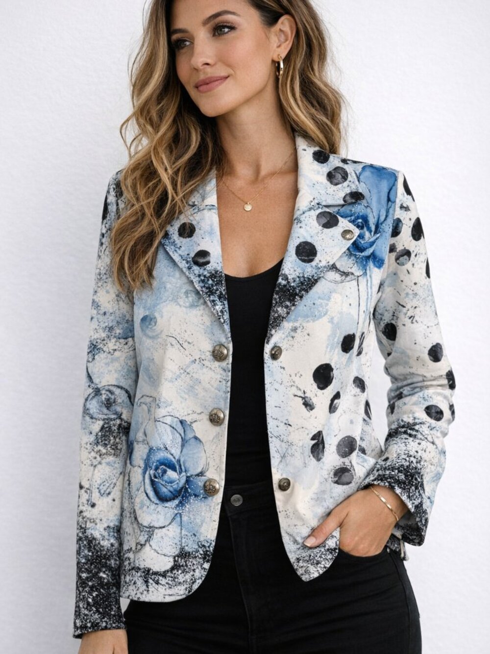 $190 Tricotto Abstract Floral Button Jacket Blue Black Art Print XL